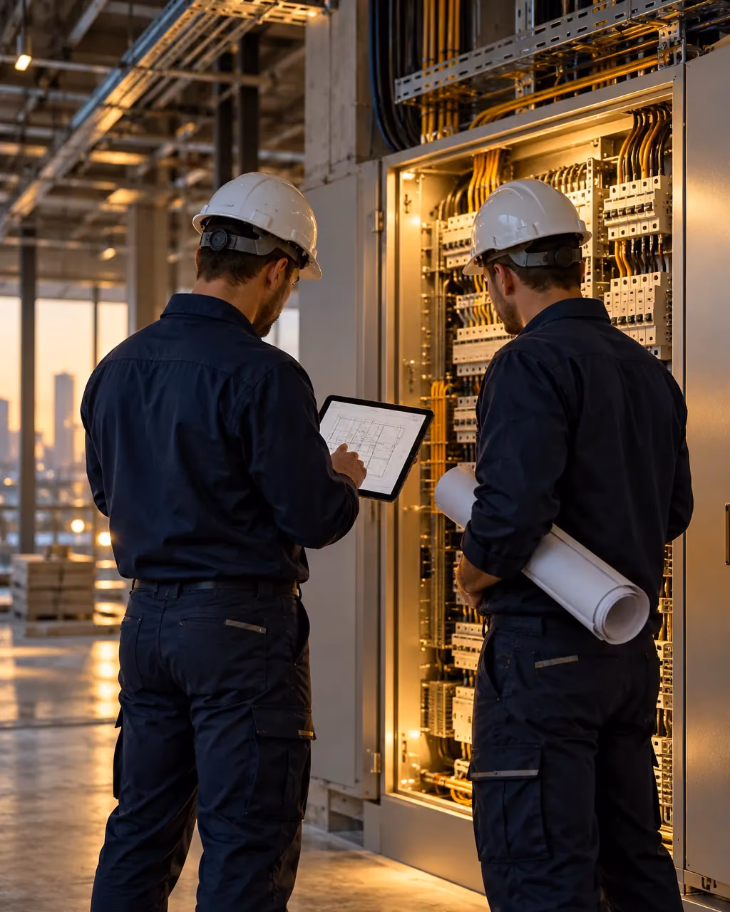 Two electrical technicians reviewing drawings beside a distribution panel