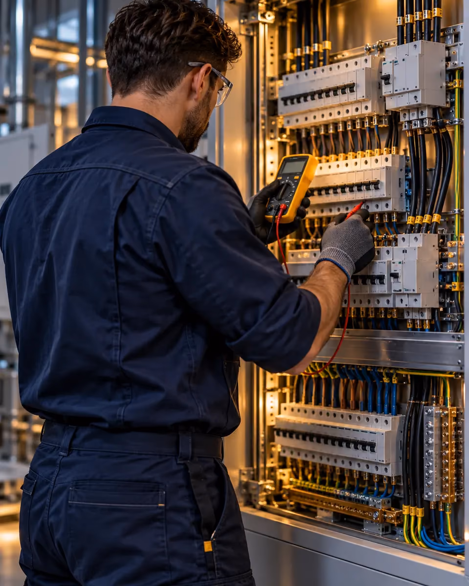 An electrician testing a distribution board with a multimeter