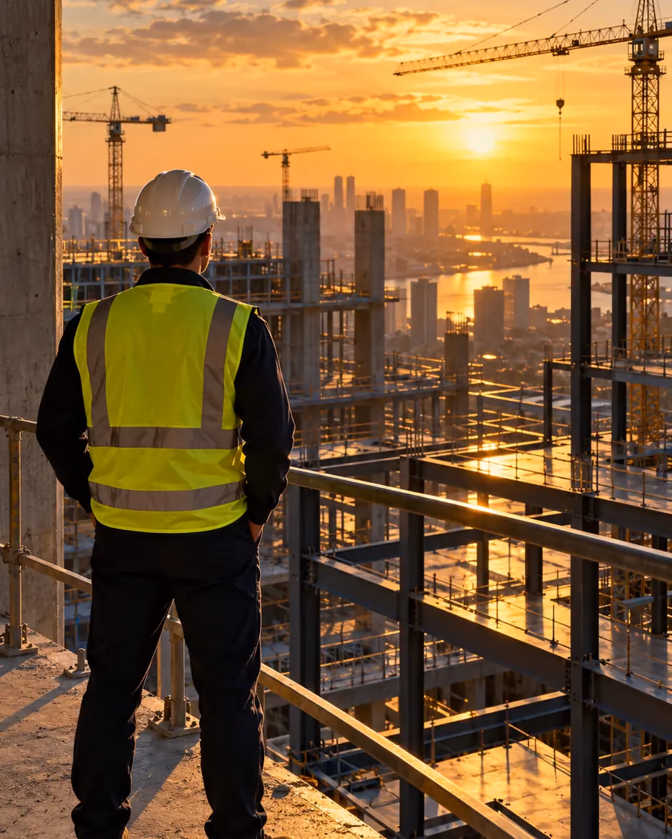 A site engineer in a hard hat overlooking a building under construction