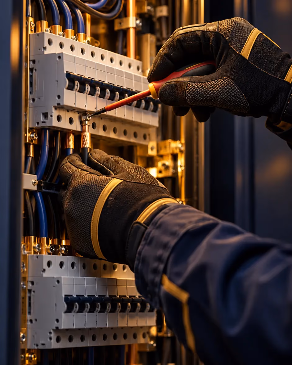 Gloved hands working on circuit breakers inside a distribution board
