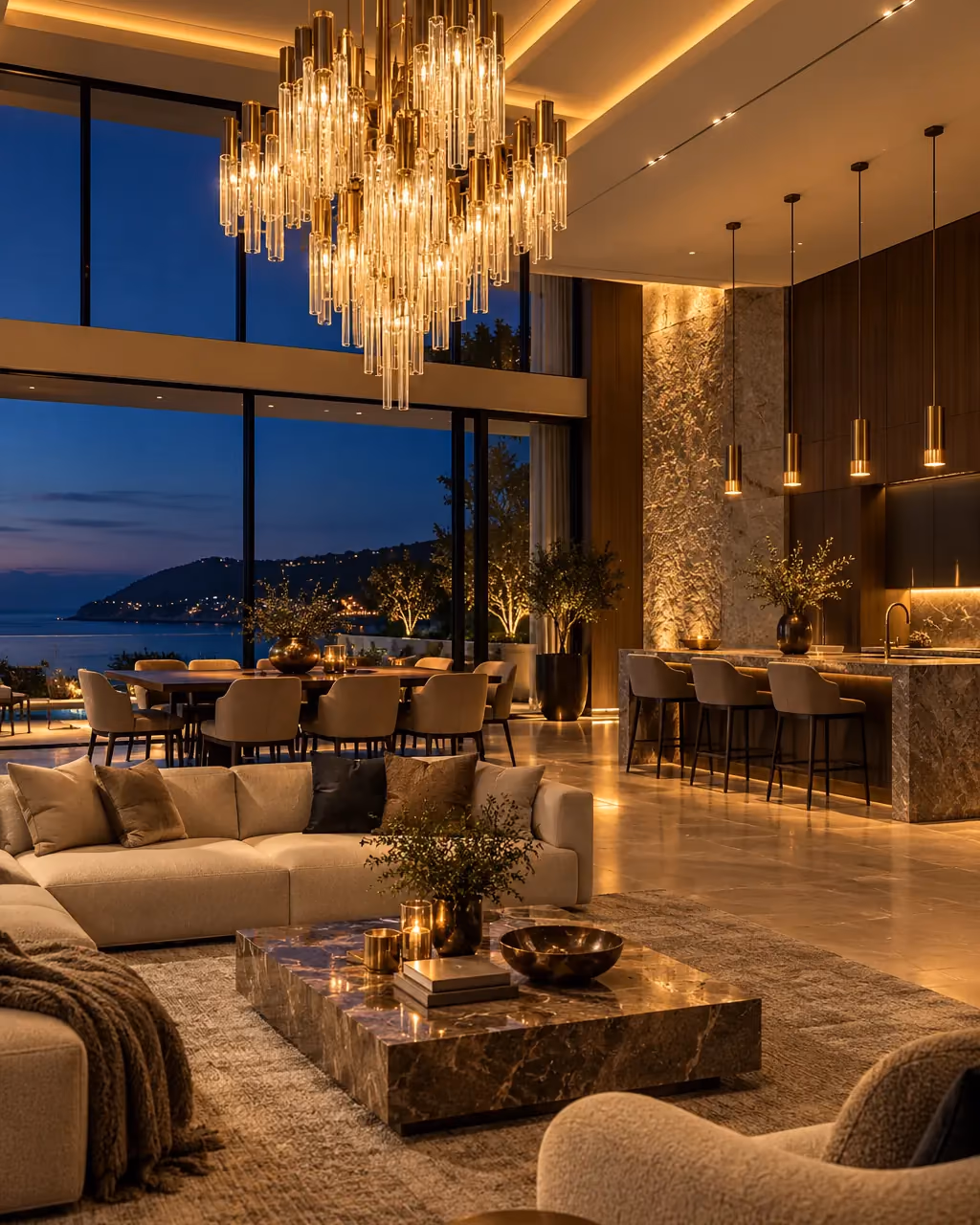 A villa living room lit by a crystal chandelier, cove lighting and recessed downlights